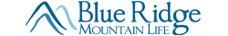Blue Ridge Mountain Life Logo - Blue Mountain Shapes with Blue Ridge in large letters with Mountain Life in smaller letters below