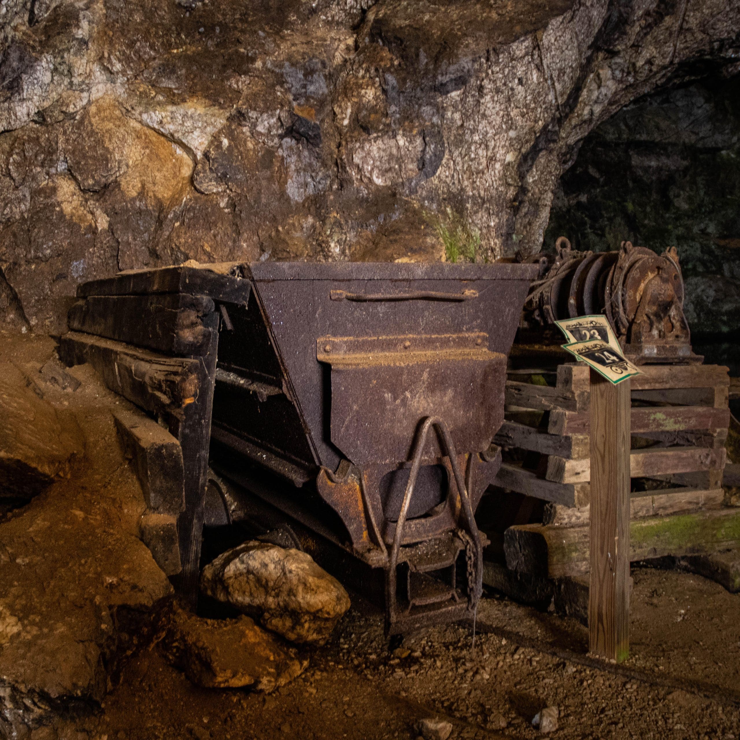 Emerald Village NC Black Light Tour Old mine cart in the Emerald Village Mine