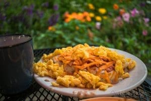 Trucker's Breakfast at Melanie's with eggs, cheese, bacon, biscuits and gravy.  Beautiful orange and yellow flowers are in the background