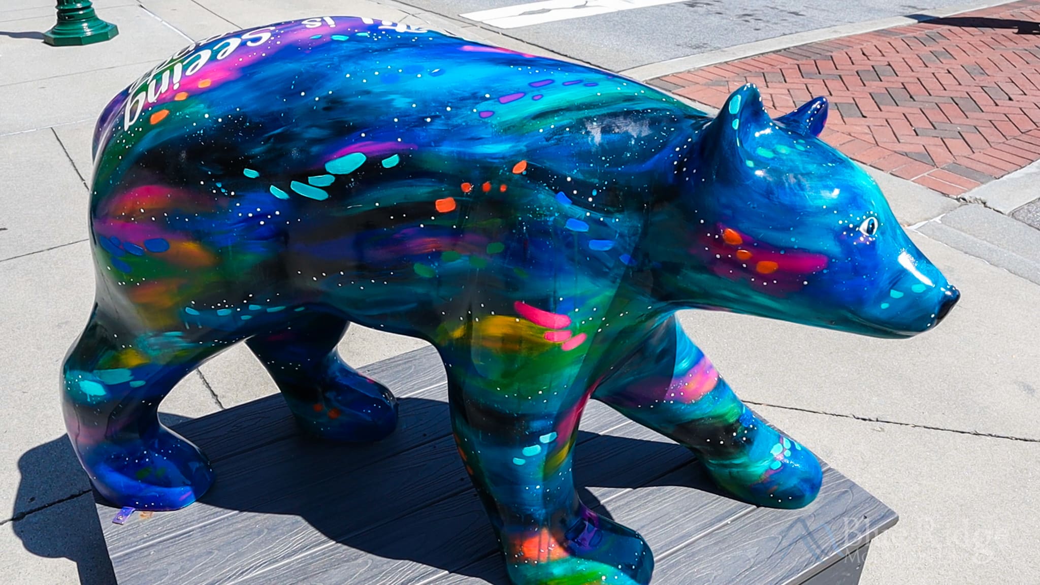 Downtown Hendersonville NC Bear Statue Photo of blue bear statue on all fours, taken on the corner of the street in downtown Hendersonville NC