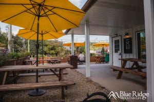 Outdoor seating area of Whaley Farm Brewery Old Fort NC