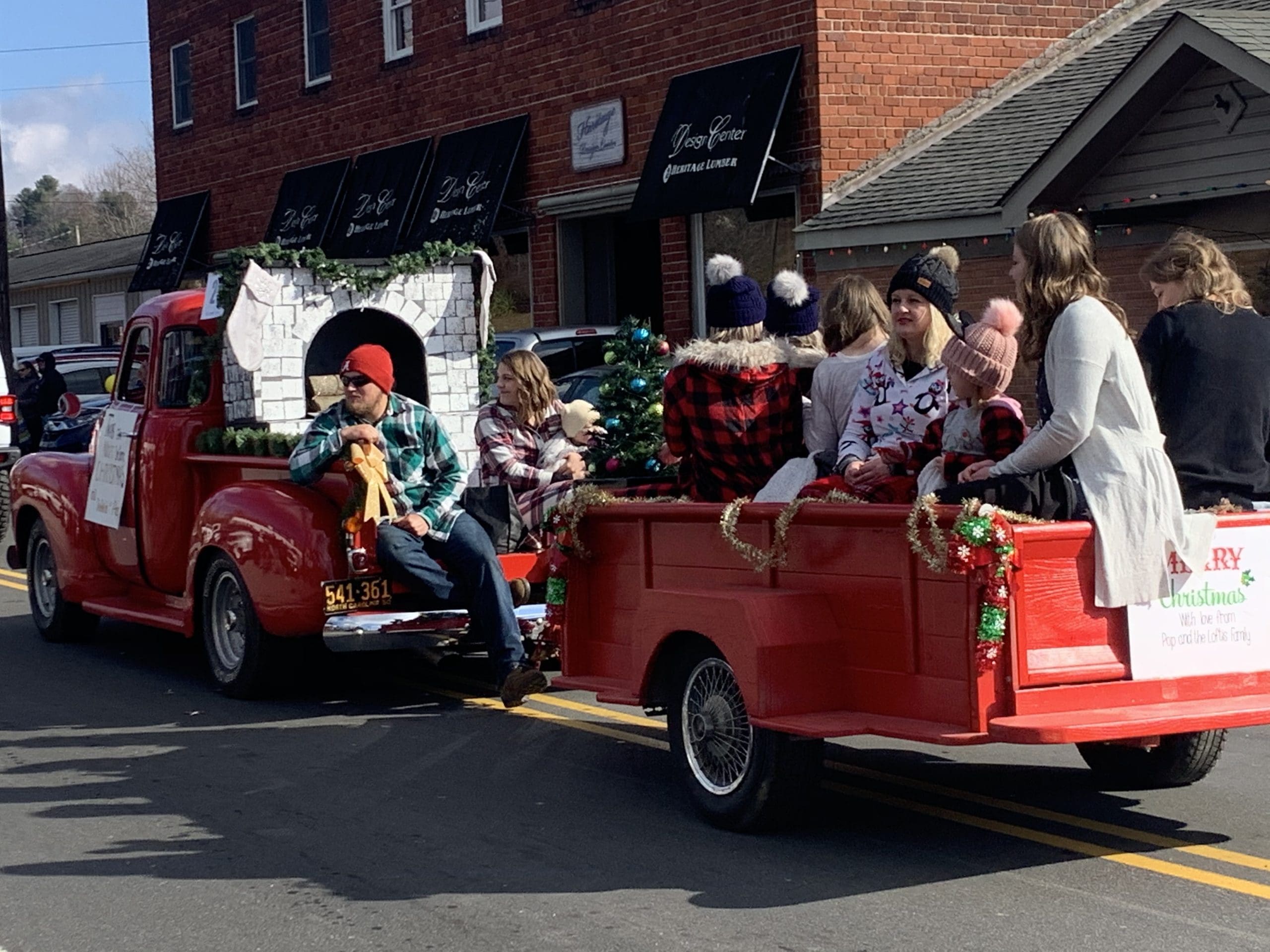 Burnsville NC Christmas Parade Old red truck and trailer in the Burnsville NC Christmas Parade