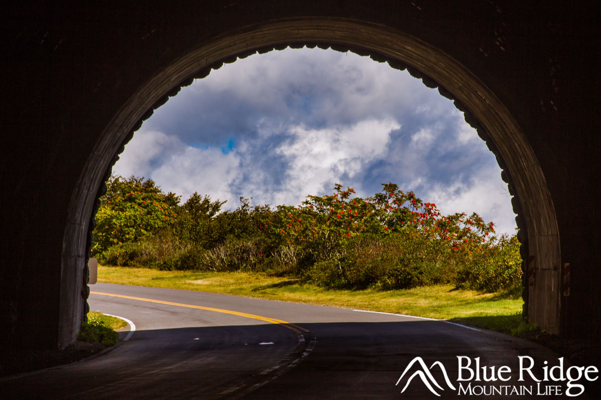View through the Craggy Gardens Tunnel, with the tunnel entrance framing the distant foliage and blue sky full of clouds.